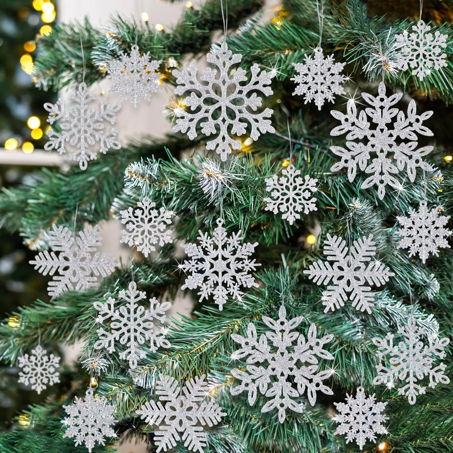 49pcs Christmas Party Decorations Snowflake Ornaments - Silver Glitter Snowflakes DIY Hanging Ornaments for Winter Christmas Tree Wall Ceiling Window Decor