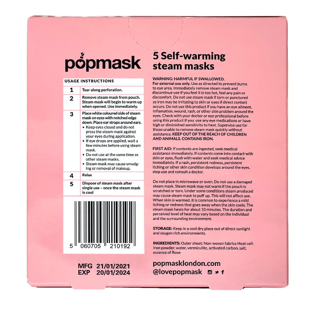 
                      
                        Popmask London - Self-Heating Rose Scented Sleepover Eye Masks - 5 Pack
                      
                    